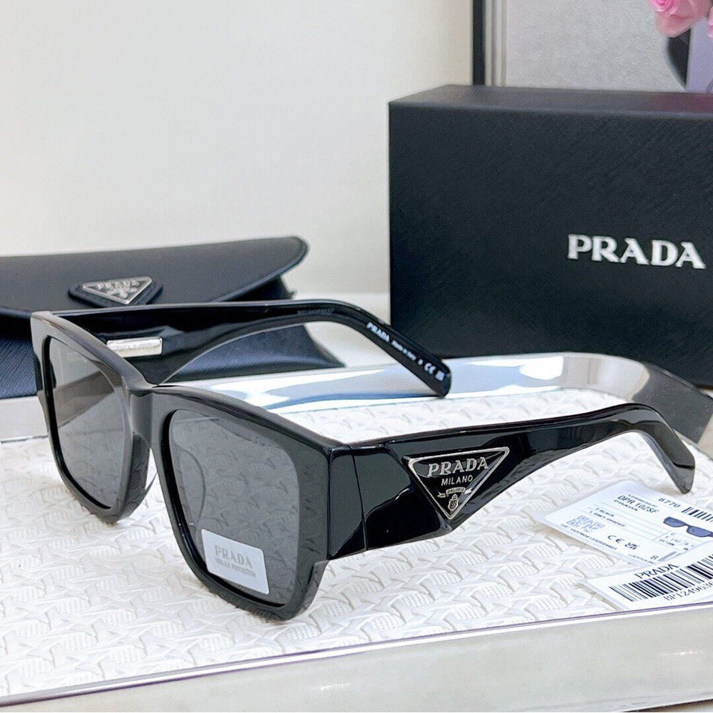 Prada Black Glossy Rectangular Sunglasses - image 1
